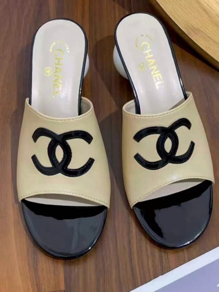 Chanel Beige Leather Interlocking Cc Logo Round Ball Heel Mule Slide Sandals